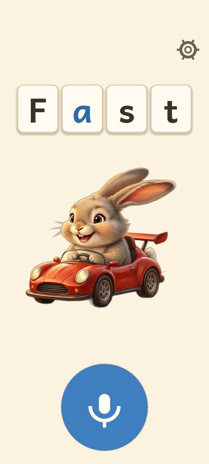 The Say and See board showing the word Fast on four cream cards with the a in blue, a rabbit driving a little red car below them, and the big blue microphone button at the bottom
